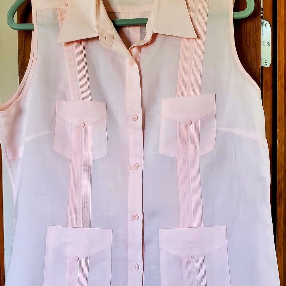 JMP Pale Pink Havana Style 4 Pocket Pintuck Sleeveless Linen Blouse Size XL - Picture 7 of 7